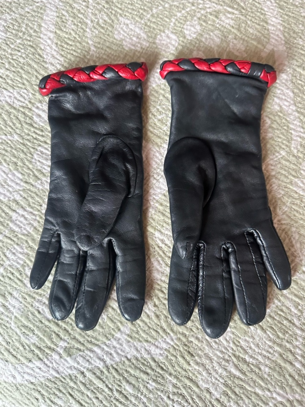 Black Leather Women's Gloves with Red Braided Trim